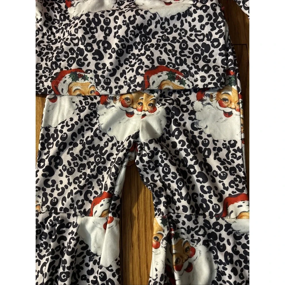 Santa Leopard‎ Print Girls Christmas Bell Bottom Outfit Set 6-9months